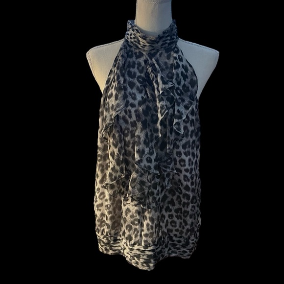Apt 9 Black Gray White Animal Print blouse Sleeveless size LG high neck ruffles - Picture 2 of 15